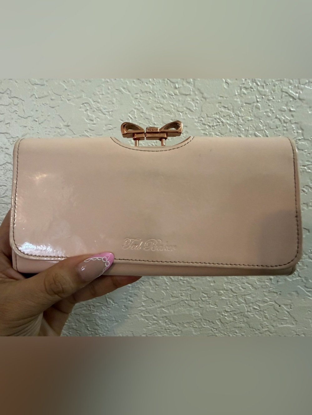 Ted Baker Blush Pink Patent Bow-Closure Wallet